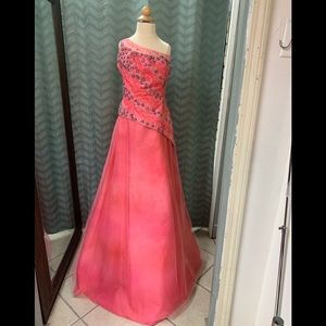 Sz 2 Coral Beaded One Shoulder Prom Homecoming Pageant Formal Evening Gown Dress